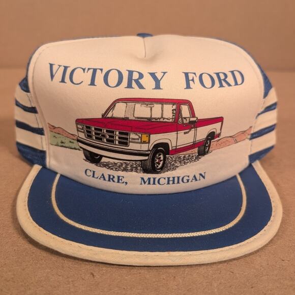Vintage 80s Victory Ford F150 Pickup Trucker Hat Snapback Cap Blue White Mesh - Picture 2 of 7